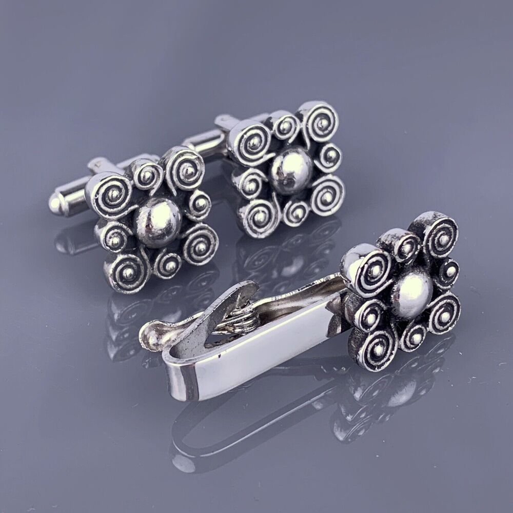 Swirl Spiral Silver Tone Cufflinks Tie Pin Square Scrolls Swoops Vintage